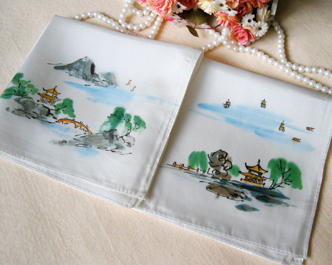 10개 1개 증정 순수 실크 파워 스펀 핸드페인팅 손수건 뽕나무 실크 35CM 풍경 ??대형 손수건 해외 업무용 작은 선물