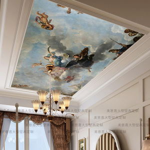 欧式油画天花板大型壁画客厅沙发背景墙纸咖啡店酒店吊顶壁纸005