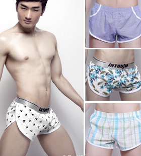 intouch男士内裤纯棉侧开叉青年家居裤潮男阿罗裤性感时尚有内衬