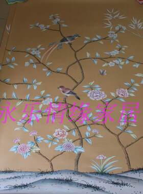 新品真丝工笔手绘墙纸花鸟蝴蝶丝绸背景墙玄关壁纸silk wallpaper