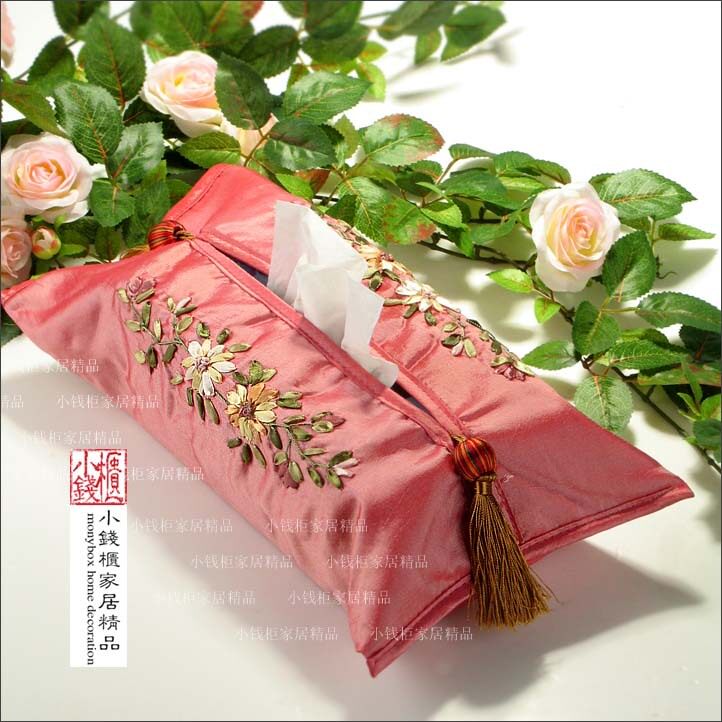 丝带绣花 吊穗 布艺/纸巾盒/纸巾套--促销(深粉红)