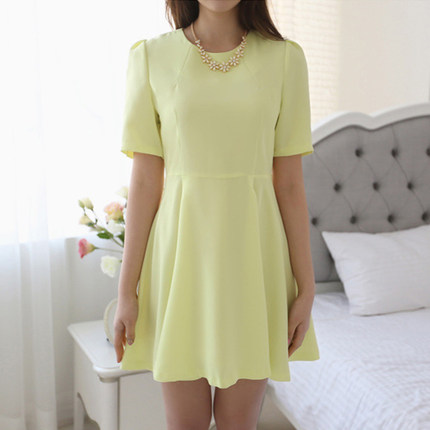 绿羊车2016夏装新款韩版修身气质甜美显瘦短袖糖果色圆领连衣裙