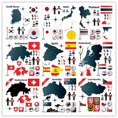 矢量设计素材 9个国家元素 地图旗帜 信息图表风格 EPS格式源文件