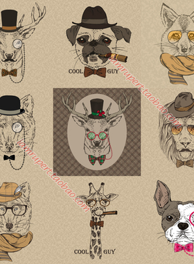 矢量EPS源文件 时尚萌呆手绘动物走秀狗兔熊鹿狼斑马插画素材Y288