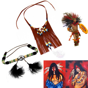 印第安羽毛配饰野人土著人项链印第安腰带手工印第安人项链