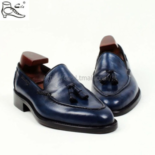 乐福鞋 皮底透气英伦流苏圆头套脚手绘擦色男船鞋 其艾 定制