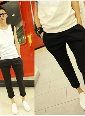 秋季新款男士九分裤男韩版潮小脚翻边9分裤男修身休闲裤纯色潮