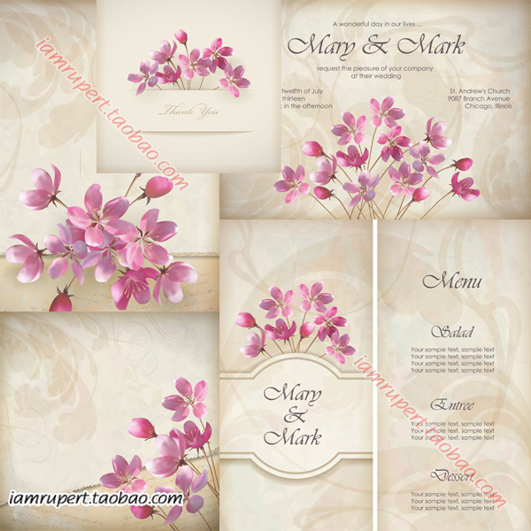 矢量源文件 复古清新花朵纸张婚礼邀请卡菜单牌封面背景素材Y239