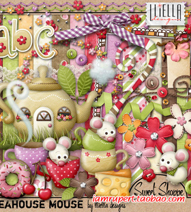 剪贴PNG素材 可爱老鼠樱桃茶杯花边布艺花朵字母相框背景素材Y628