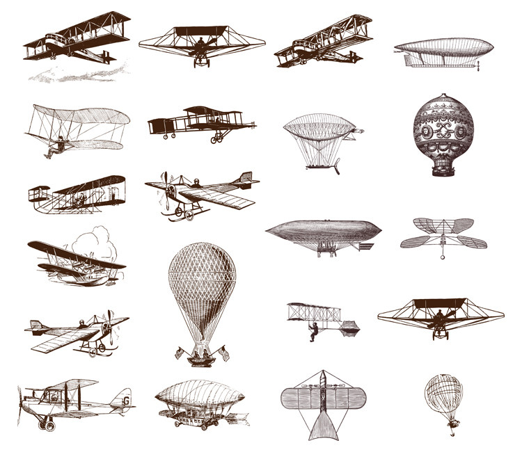 手绘飞机 多款复古怀旧线描飞机元素线稿图标 ai格式矢量设计素材