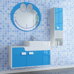 装 蓝色机器猫镜子 卫浴镜 饰镜 创意卡通浴室柜镜子 卫浴柜组合