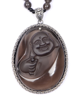 宝悟开天然冰发丝冰种黑曜石大日如来佛吊坠黑曜石笑佛吊坠