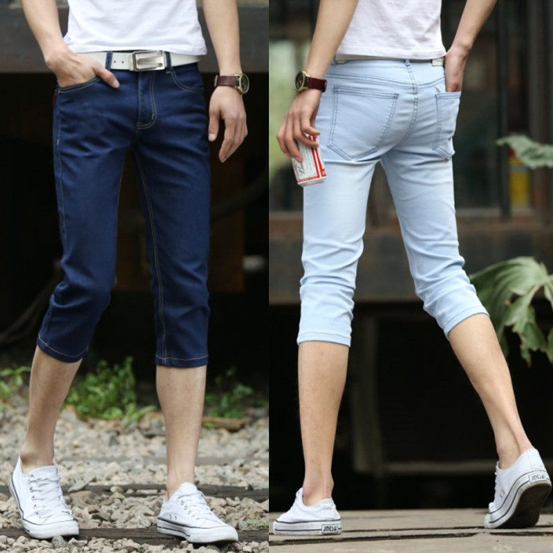 夏季夏天薄款七分牛仔裤男士韩版修身休闲小脚裤马裤男装中短裤子