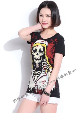 iron fist新款铁拳朋克骷髅护士女式黑色纯棉T恤 时尚休闲个性