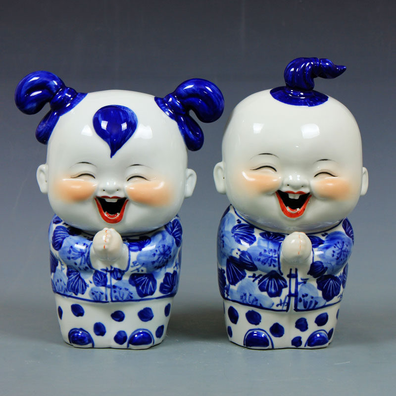 景德镇陶瓷青花童子摆件喜庆结婚恭喜发财 一对青花瓷娃娃工艺品