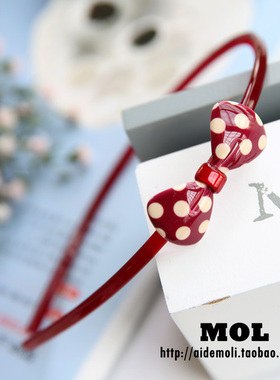 韩国进口 AZNAVOUR/AZ 复古波点酒红圆润小蝴蝶结发箍头箍