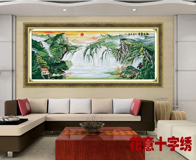 机绣十字绣成品旭日东升全景山水风景画流水生财刺绣画电脑绣成品,居家布艺,十字绣成品,淘宝优惠券,粉丝福利购,淘宝优惠卷