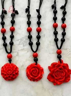民族风红色玫瑰花朵朱砂锁骨链