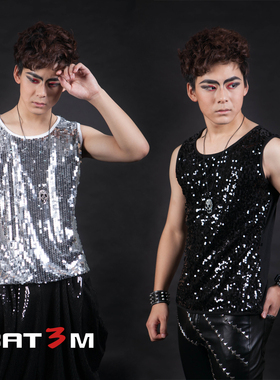 夏季亮片背心男夜店男DJ模特舞台DS男T台演出服装男修身舞台时尚