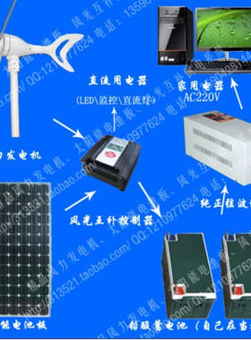 带电脑电视冰箱照明300w家用风力发电机\200w单晶太阳板1kw逆变器