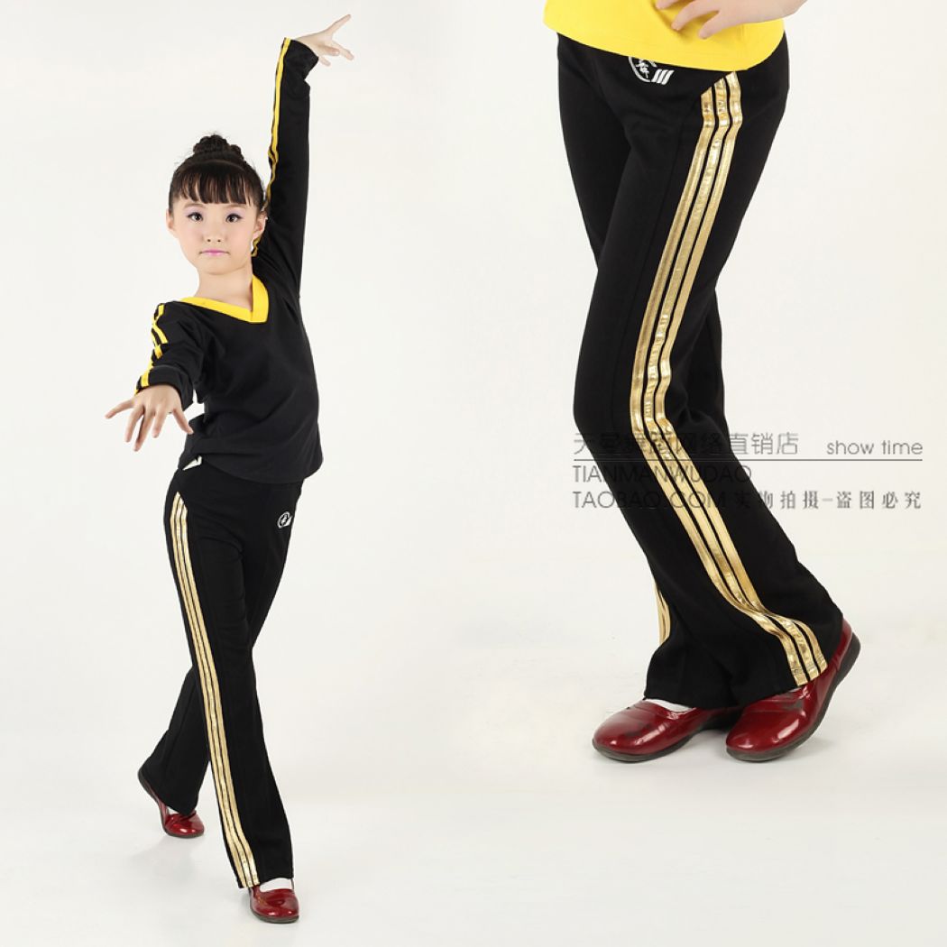 舒莱曼9121儿童罗马布拉丁舞蹈服练功裤广场舞裤微喇金色舞蹈裤