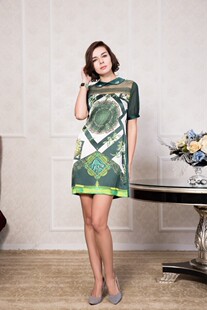 丝辉印月真丝桑蚕丝钉珠印花弹力缎连衣裙SIF012