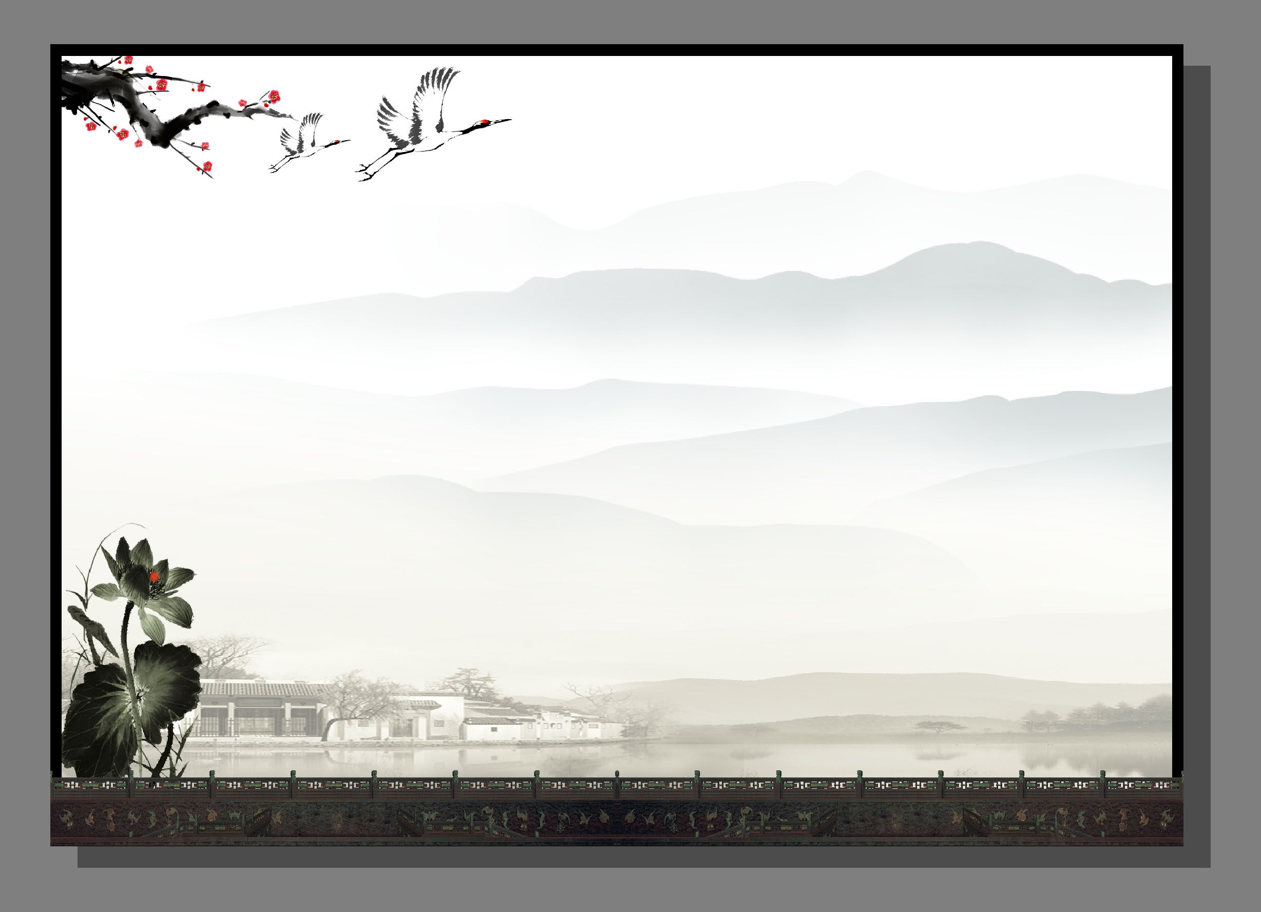 649海报印制定制展板素材23中国风水墨画梅花鹤荷花