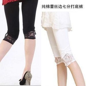 纯棉蕾丝花边侧抽绳蝴蝶结七分裤打底裤 七分裤 黑 白 有大码