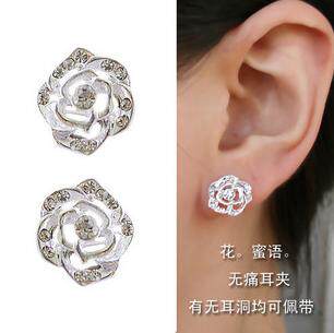 韩版饰品 银白闪钻绽梅耳钉/耳夹款 OL精选