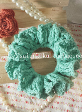 纯手工编织头饰~粉湖水绿色毛线花边发圈淑女风