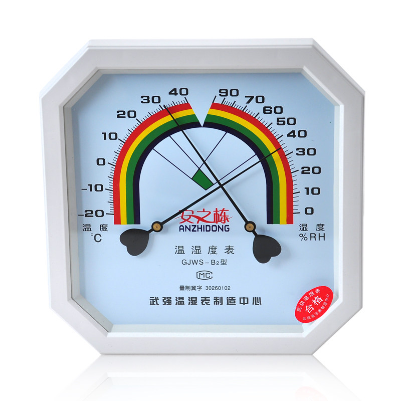 GJWS-B2温湿度表，指针式温湿度计，悬挂式温湿度计，此款温湿度计外观新颖,大方,漂亮,使用有进口原件 铝制表盘 金属表针 高精度，反应敏感，误差偏小,此款有两种颜色 蓝色和白色需要哪种备注，没有备注随机发货