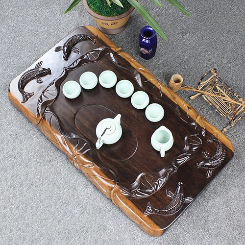 整块雕刻风鸡翅木双层茶台