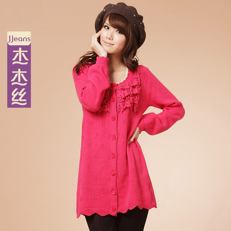 思美5 杰杰丝女装 花边蕾丝领蝴蝶结花瓣针织开衫连衣裙 秋冬装