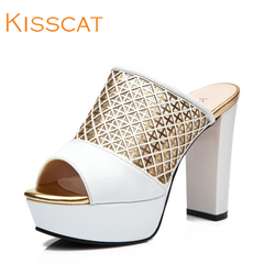 KISSCAT kissing the cat fashion Europe wind hollow cow leather comfortable thick-soled platform chunky heels women's slippers