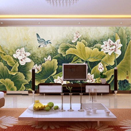 中式背景墙纸电视沙发背景墙国画荷花塘花鸟图无缝整张大型壁画
