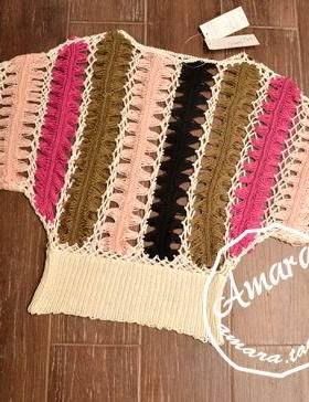 外贸出口圆领手工钩花拼接拼色蝙蝠袖短袖T恤针织衫镂空套头罩衫