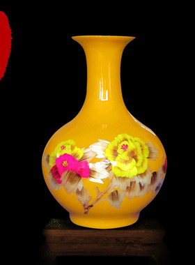 景德镇瓷器花瓶 麦杆画瓷瓶 黄色牡丹花瓶 现代时尚家居摆件摆设
