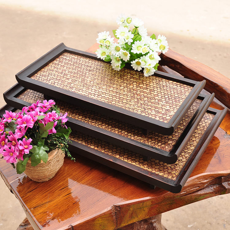 泰国进口木质竹编茶盘水果盘精油