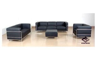现代经典系列\大安乐沙发\LC3 SOFA\黑色PU皮沙发\1+2+3+方凳