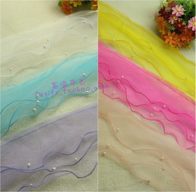 欧根纱蕾丝花边DIY3层皱褶珍珠