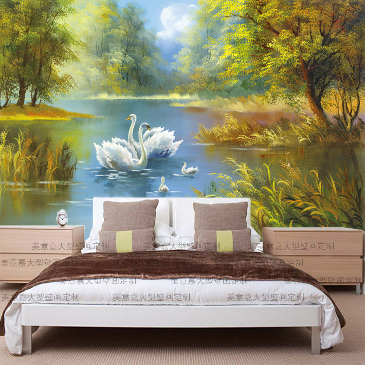 天鹅湖欧式油画墙壁布大型壁画沙发卧室壁纸客厅电视背景墙纸044