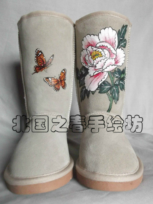 手绘雪地靴女冬新款韩版真皮高筒加厚中国风涂鸦雪地靴涂鸦定制