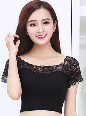夏装新款短袖t恤女上衣莫代尔纯色半截半身蕾丝网纱大码打底衫潮