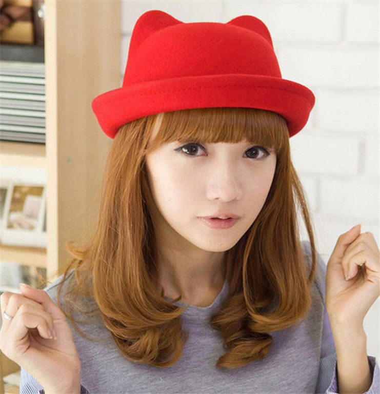 帽子女韩版百搭爵士帽春季新款亲子卷边礼帽可爱猫耳朵毛呢盆帽子