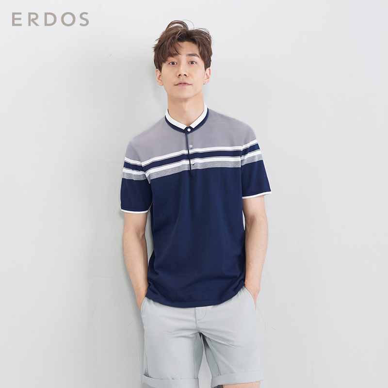 ERDOS 春夏纯棉双层立领撞色条纹短袖男T恤POLO衫 E175D0048
