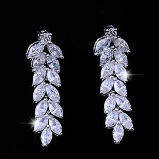 晚宴锆石稻穗高档925银耳针 新娘套装耳环 耳坠项链婚礼首饰套装