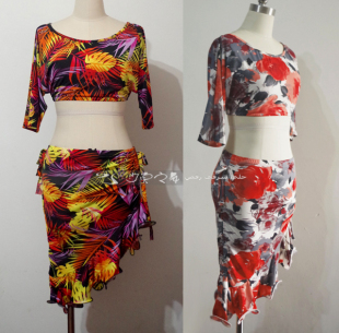 练习服 肚皮舞套装 蝙蝠袖 上衣 订制 新款 抽褶臀巾 印花冰丝