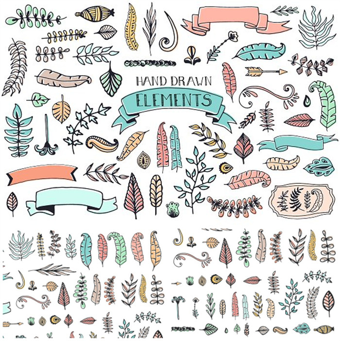 A3557矢量56个水彩花草手绘插画简笔画纹样 AI设计素材+png高清