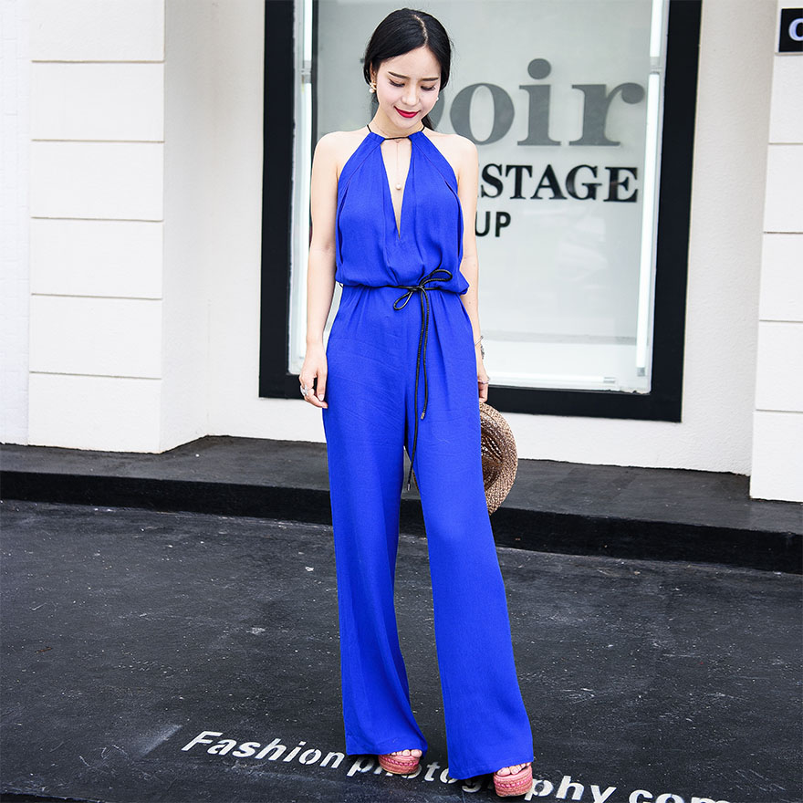 歐美高腰露肩連體闊腿褲女夏顯瘦系帶深v領無袖性感吊帶露背長褲