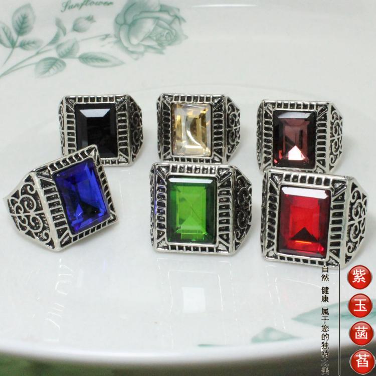 戒指男士欧美复古彩宝椭圆蓝宝6色多码凯特王妃宝石情侣戒cb034